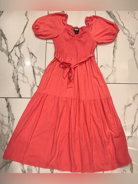 DKNY Coral Puff-Sleeve Tiered Maxi Dress